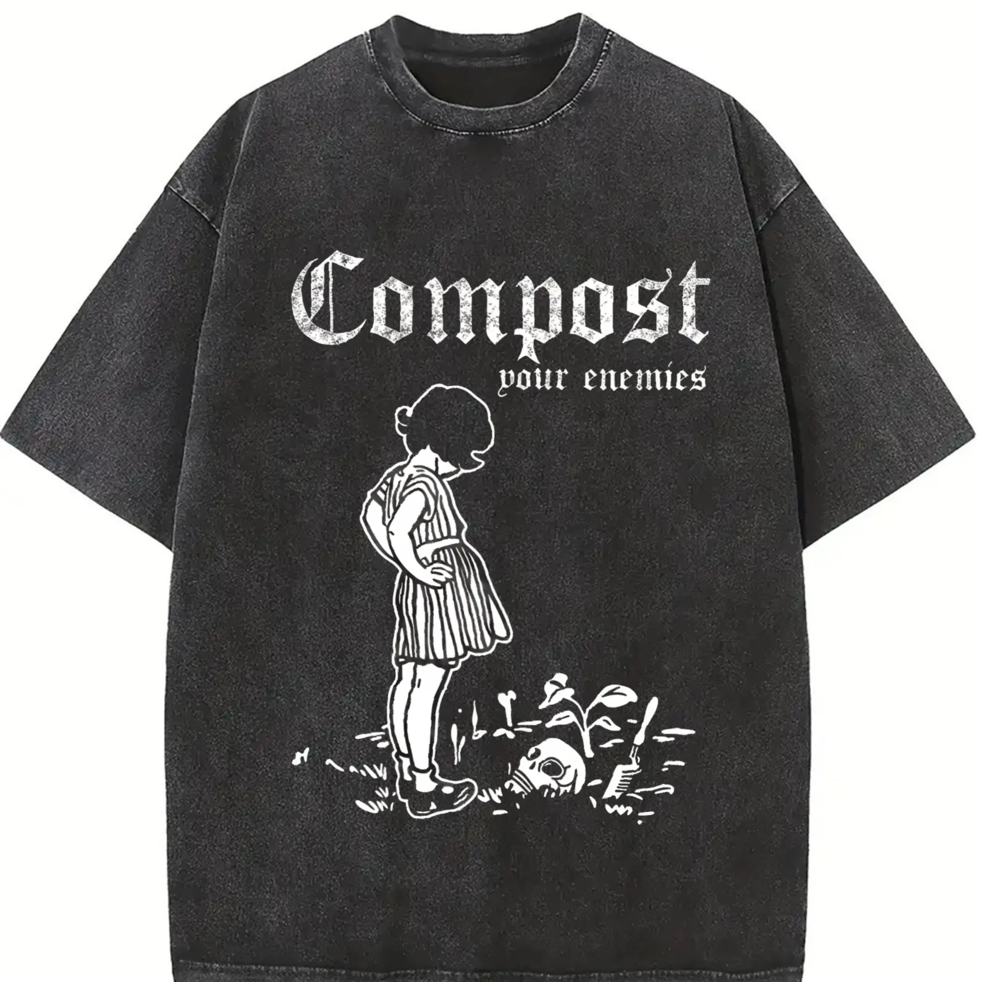 "Compost Your Enemies" Creative Graphic Print T-shirt Pure Cotton Washed T-shirt Dropped Shoulder T-shirt Men's  Street T-shirt Basic T-shirt Loose Hip-hop Unisex Top Washed Vintage T-shirt Menswear Streetwear