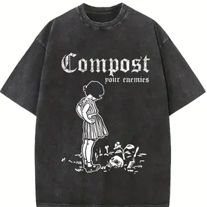 "Compost Your Enemies" Creative Graphic Print T-shirt Pure Cotton Washed T-shirt Dropped Shoulder T-shirt Men's  Street T-shirt Basic T-shirt Loose Hip-hop Unisex Top Washed Vintage T-shirt