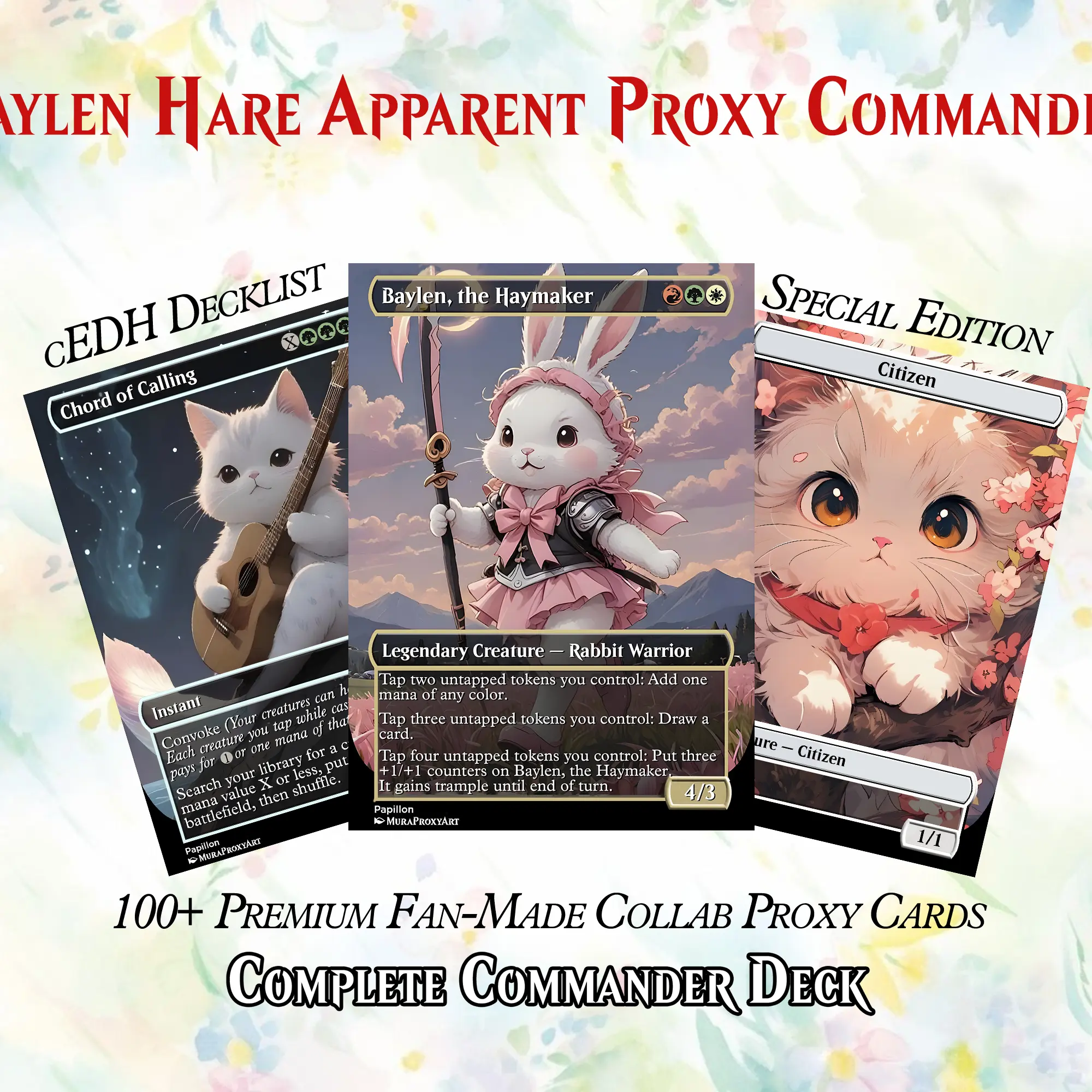 Baylen Hare Apparent Fan-Made MTG Proxy Commander Deck - 110+ Pcs Kawaii Anime Art Collectibles, Pastel Forest Hues, HD Print Detail, Storage Box with Display Functionality, Proxy Deck