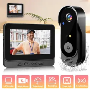 Wireless Video Doorbell with 4.3 Inch Color Screen, 2.4g Connection, Night Vision, Waterproof Ip66, Long Battery Life, No APP Needed, Rechargeable Video Intercom