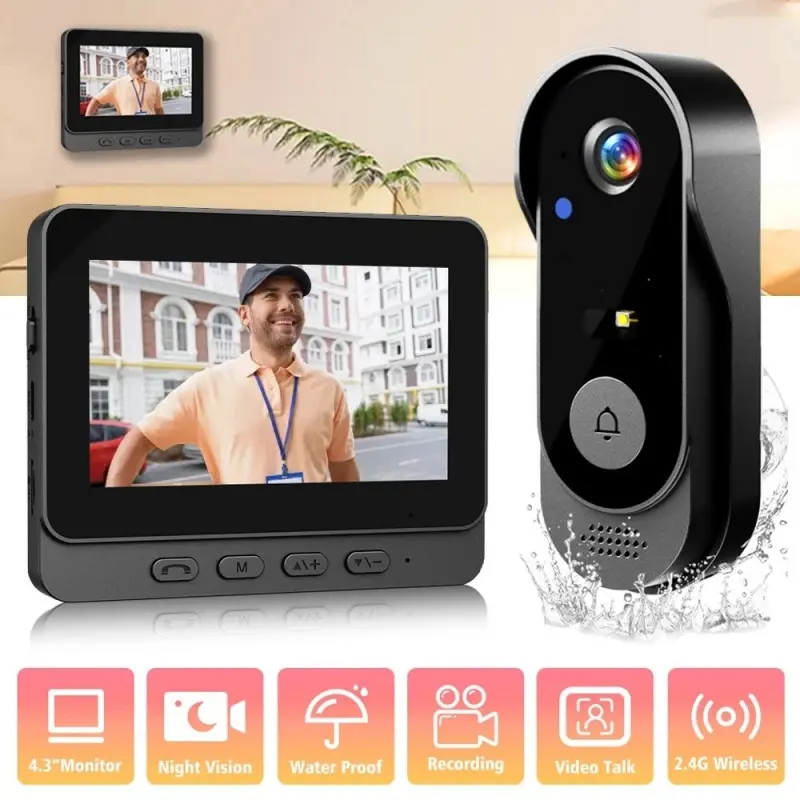 Wireless Video Doorbell with 4.3 Inch Color Screen, 2.4g Connection, Night Vision, Waterproof Ip66, Long Battery Life, No APP Needed, Rechargeable Video Intercom