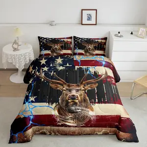 Deer Designer Comforter Set,Deer Hunting Comforter,Farmhouse American Flag Luxury Bedding Set,Breathable Wild Animal Duvet Set,Room Decor Quilt Sets