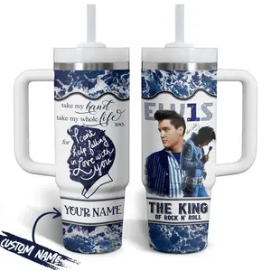 Customized Elvis Presley 40oz Tumbler With Straw And Handle, The King Of Rock And Roll Tumbler Stainless Steel Cup, Gift for Rock Lover