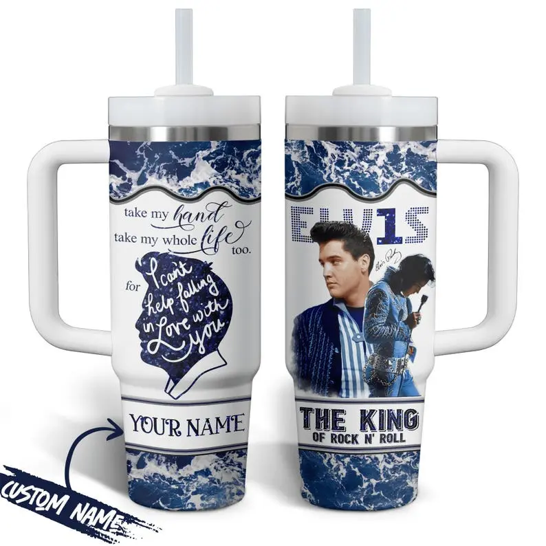 Customized Elvis Presley 40oz Tumbler With Straw And Handle, The King Of Rock And Roll Tumbler Stainless Steel Cup, Gift for Rock Lover
