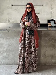 Middle Eastern Fashion Loose Leopard Print Long Sleeve Open Front Robe with Headscarf, Casual Festival Party Wear
