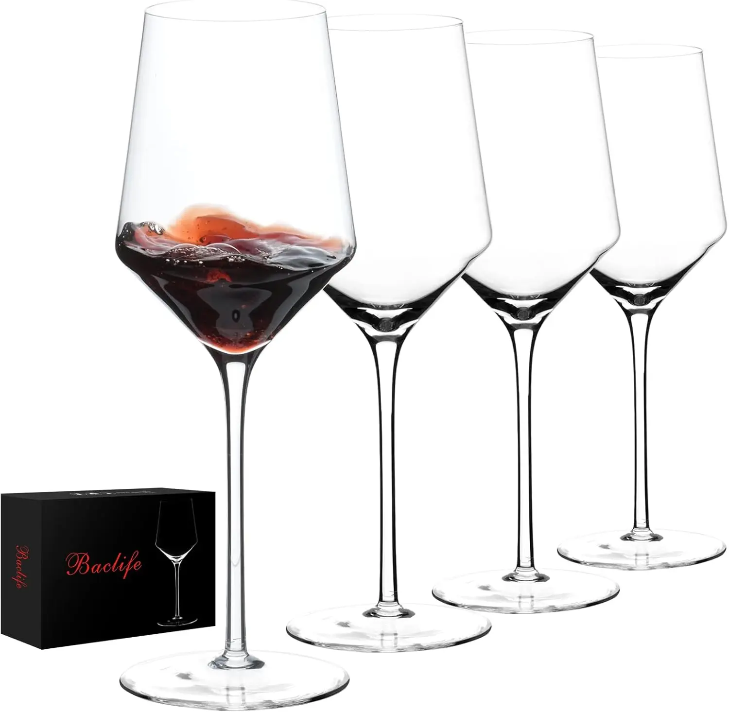 BACLIFE Hand Blown Red Wine Glasses Set of 4 – 15 oz Premium Crystal Wine Glasses With Long Stem – Unique Gift for Father's Day, Birthday, Wedding, Daily Use