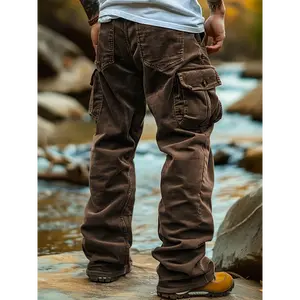 Fashion Men's Brown Corduroy Cargo Pants with 3D Pockets - Casual, Breathable, Comfortable Polyester Woven Trousers Everyday Fall/Winter Wear
