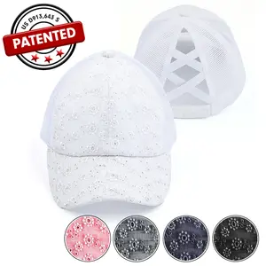 C.C Criss-Cross Pony Cap Tiny Flower Embroidery Eyelet Baseball Cap with Mesh for Women