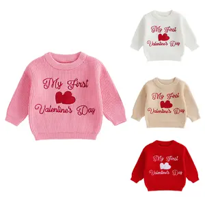 Toddler Baby Girls My First Valentine's Day Cable Knit Sweater Long Sleeve Heart Crewneck Pullover Sweatshirt Tops Warm Outfit