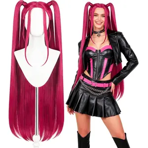 Long Straight Hot Pink Cosplay Wig with 2 Ponytails - Synthetic Anime Wig for Halloween, Carnival, Costume Parties, Women Adults2026