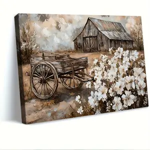 Rustic Farmhouse Barn & Wagon Landscape Canvas Wall Art, Countryside Floral Print for Living Room and Bedroom, Charming Vintage Rural Home Decor, Stretched Ready to Hang Artwork Antique Multicolor