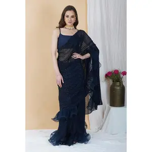 Navy Blue Ruffled Pre-Stitched Saree