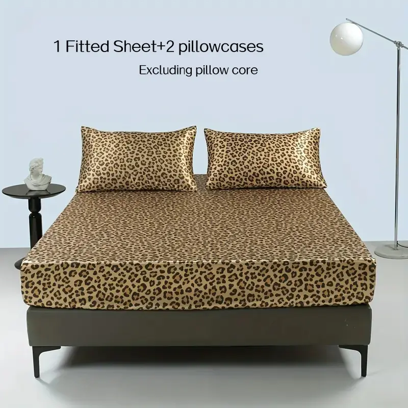 3pcs leopard print faux silk fitted sheet set (1 fitted sheet+2 pillowcases), height 14 inches, modern design polyester fabric high gloss, suitable for home and decoration, Bed linens