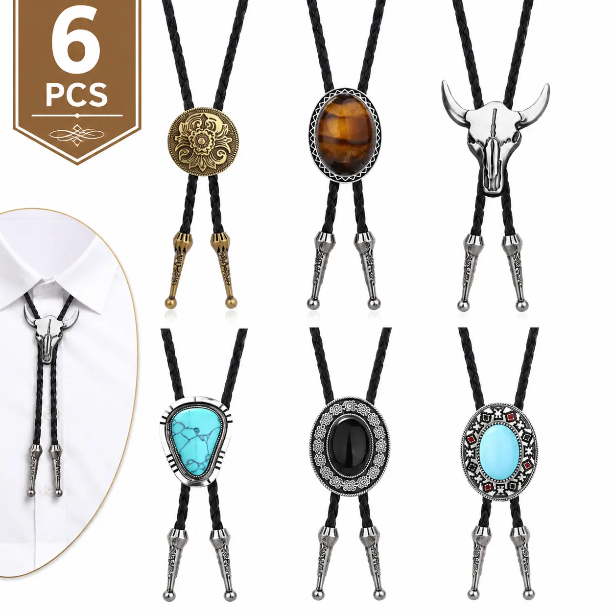 Unisex 6pcs Bolo Tie Set - Hand-Braided Leather Neckties with Turquoise Stone, Cow Skull (Animal) Pendants, Black Agate, Adjustable Cord - Vintage Wild West Western Necklaces for Party, Valentine’s Day