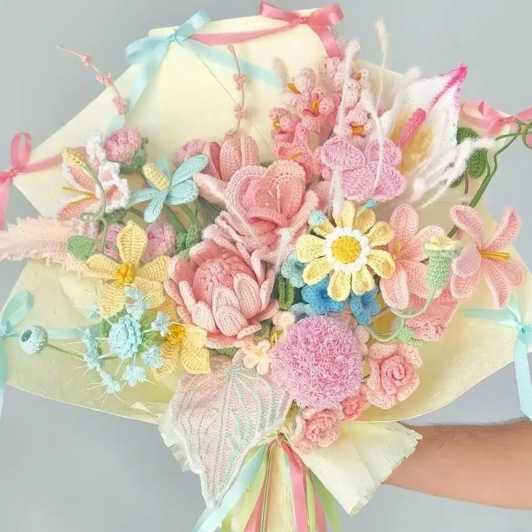 Crochet Flower Bouquet Peach Whisper, Large Handmade Yarn Flowers Gift Home Decor