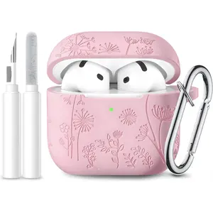 AirPods 4 Case 2024 Cute Pink Flower Engraved Silicone Protective Cover with Keychain & Cleaner Kit, Shockproof Anti-Scratch Slim Case for Apple AirPods 4th Generation, Girly Accessories