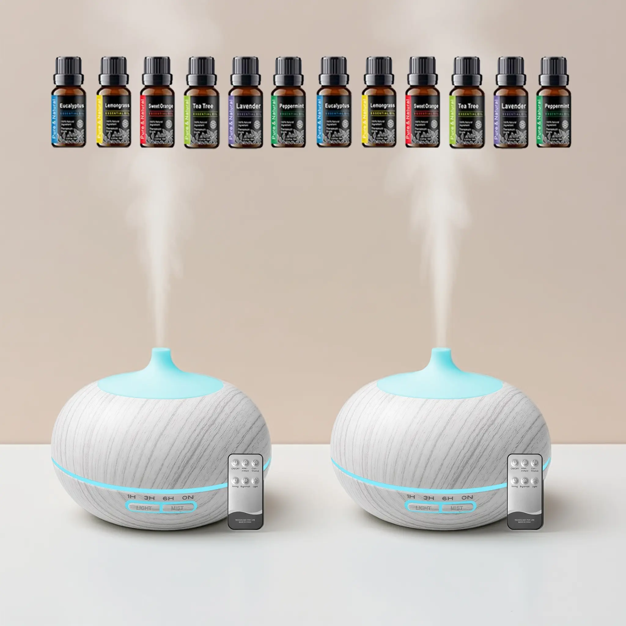 2PCS 550ml Wood Grain Ultrasound Aroma Diffuser Humidifiers - USB Powered Scent Humidifier, Air Purifier, Remote Control, 7 LED Colors, 6 Essential Oils, Continuous Mist, 5V/2A Power Supply