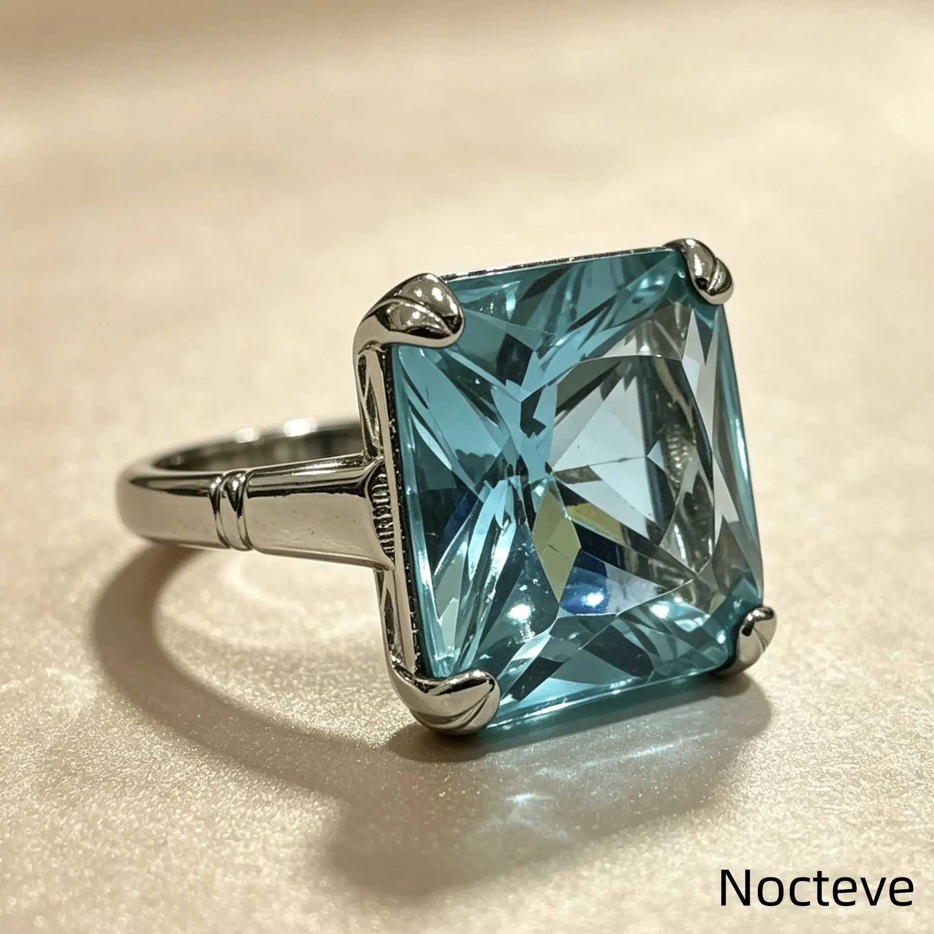 Women’s Classic Square Simulated Blue Topaz Glass Base Alloy Ring, Luxe Banquet Formal Jewelry Evening Event & Noble Glam Feminine Lady Holiday Gift Wear