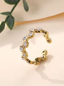 Gold Tone Full Paved Round Crystal Open Ring For Women Adjustable Stackable Eternity Band Daily Wedding Jewelry Birthday Gift For Her
