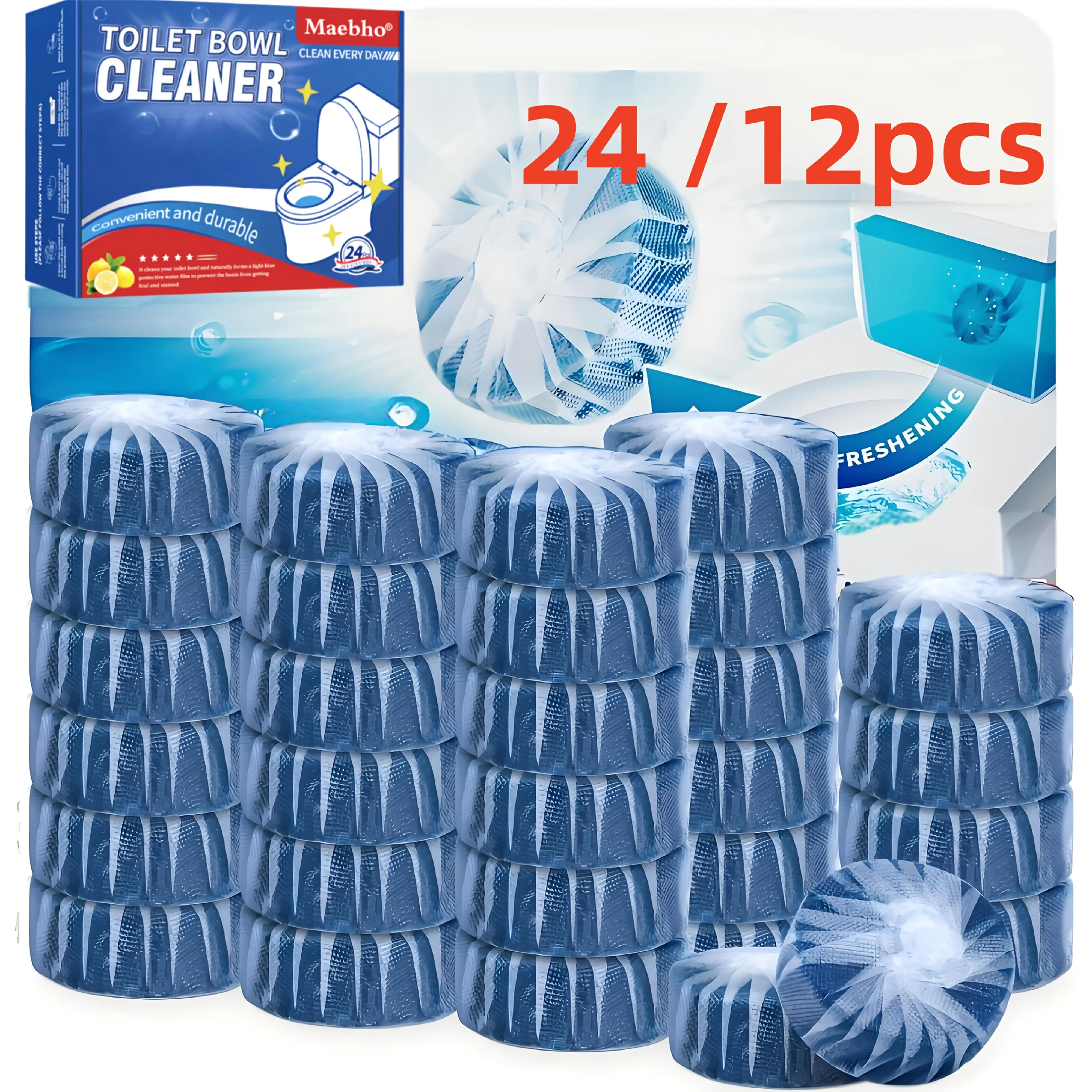 Toilet Deodorizing & Cleaning Tablets — Blue Bubble Deodorizer, Long-Lasting Fragrance & Cleaning , Powerful Stain Remover. Suitable for all types of toilets; effectively eliminates stains and odors. Toilet Cleaning  Set — Pack of 12 Soluble