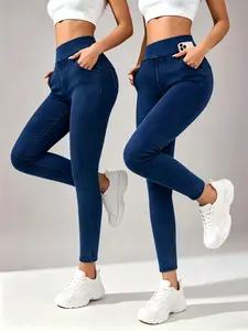 Women's 2Pcs High-Waisted Comfortable Yoga Bottoms - Washed Denim Style Tummy Control Lady Trouser, Non-Denim Fabric Pants for Women Suitable for Fitness, Casual Wear summerwins