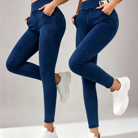Women's 2Pcs High-Waisted Comfortable Yoga Bottoms - Normal Type Polyester High Stretch Sports Leggings, Washed Denim-Style Tummy Control Non-Denim Pants, Hand Wash Only for Fitness, Casual Wear (Leggings for Women, Do Not Dry Clean)