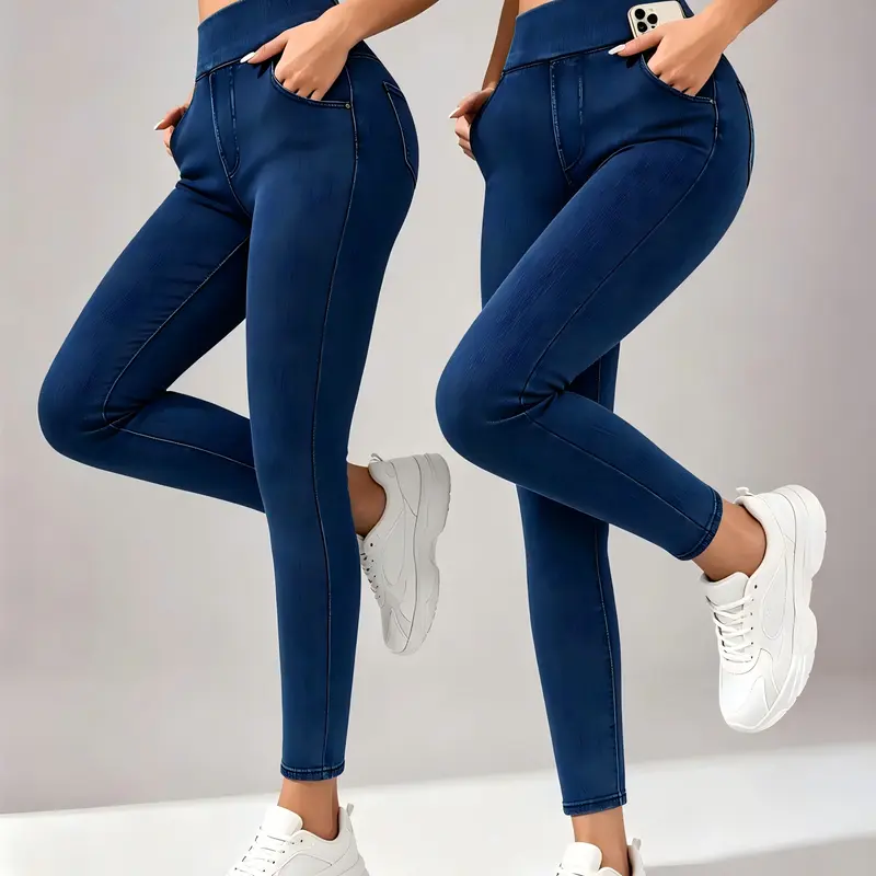 Women's 2Pcs High-Waisted Comfortable Yoga Bottoms - Normal Type Polyester High Stretch Sports Leggings, Washed Denim-Style Tummy Control Non-Denim Pants, Hand Wash Only for Fitness, Casual Wear (Leggings for Women, Do Not Dry Clean)