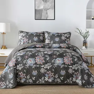 Floral Quilt Set  Size, Dark Gray Botanical  Bedspread  Sets Soft Lightweight Microfiber Flower Charcoal Coverlet Set 3 count for All Season (104"x90")
