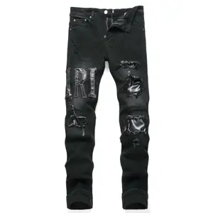 Trend Youth Black Ripped Letter Embroidery Stretch Skinny Men's Jeans