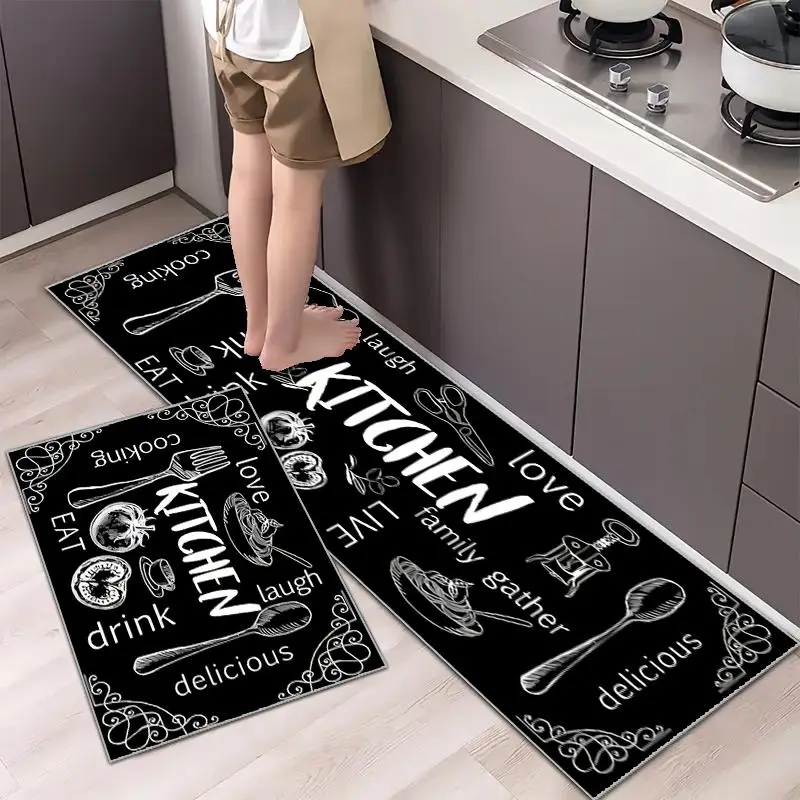 Kitchen Letter Pattern Floor Mat, 2 Counts/set Non-slip Kitchen Floor Mat, Washable Floor Mat for Kitchen, Bathroom, Bedroom, Living Room