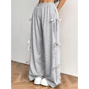 Women's sweet and cute bow wide leg sports pants, casual high waisted sports pants, comfortable and fashionable, very suitable for daily wearRAIMENTRY