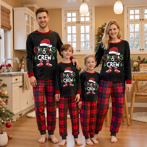 Christmas Family Pajamas Holiday Christma Pajama Family Matching Pjs Sets String Lights Christmas Crew T-shirt with Red Plaid Pants Xmas Jammies Nightwear