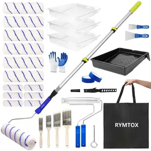 33PCS Paint Roller Kit with 2–4 FT Extension Pole 9" & 4" Paint Rollers Carry Bag 4 Brushes & Tape Professional Painting Supplies Set for Walls Ceilings and Home
