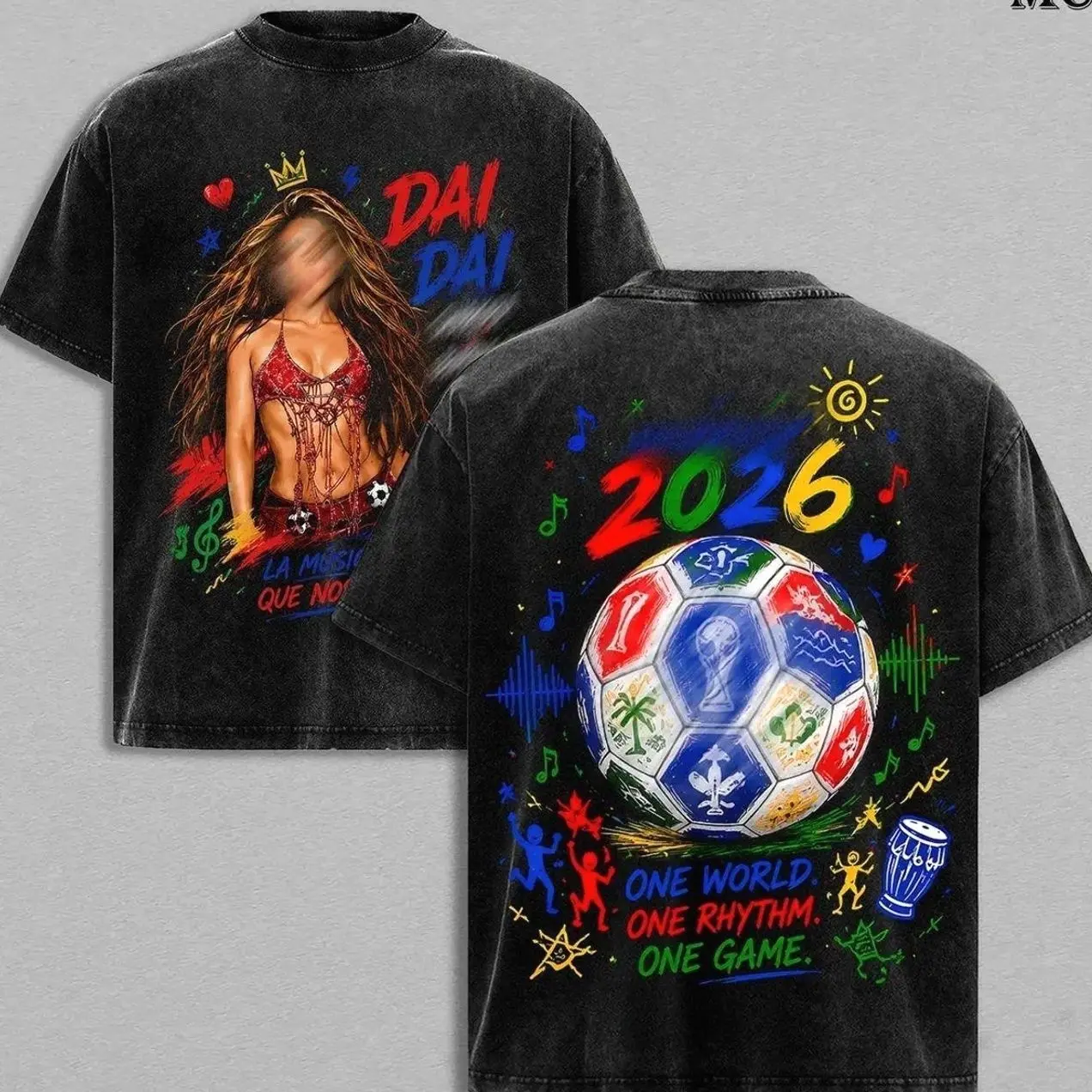 DAI DAI Shakiraa's Tee Washed Menswear Top Heavy Cotton Underwear Double Printed Unisex Oversize Global Football Anthem Latin Rhythm Afrobeats Music Vintage Graphic Streetwear Cotton T-Shirt, Washed Hoodie & Sweatshirt Option N4G 6TJ