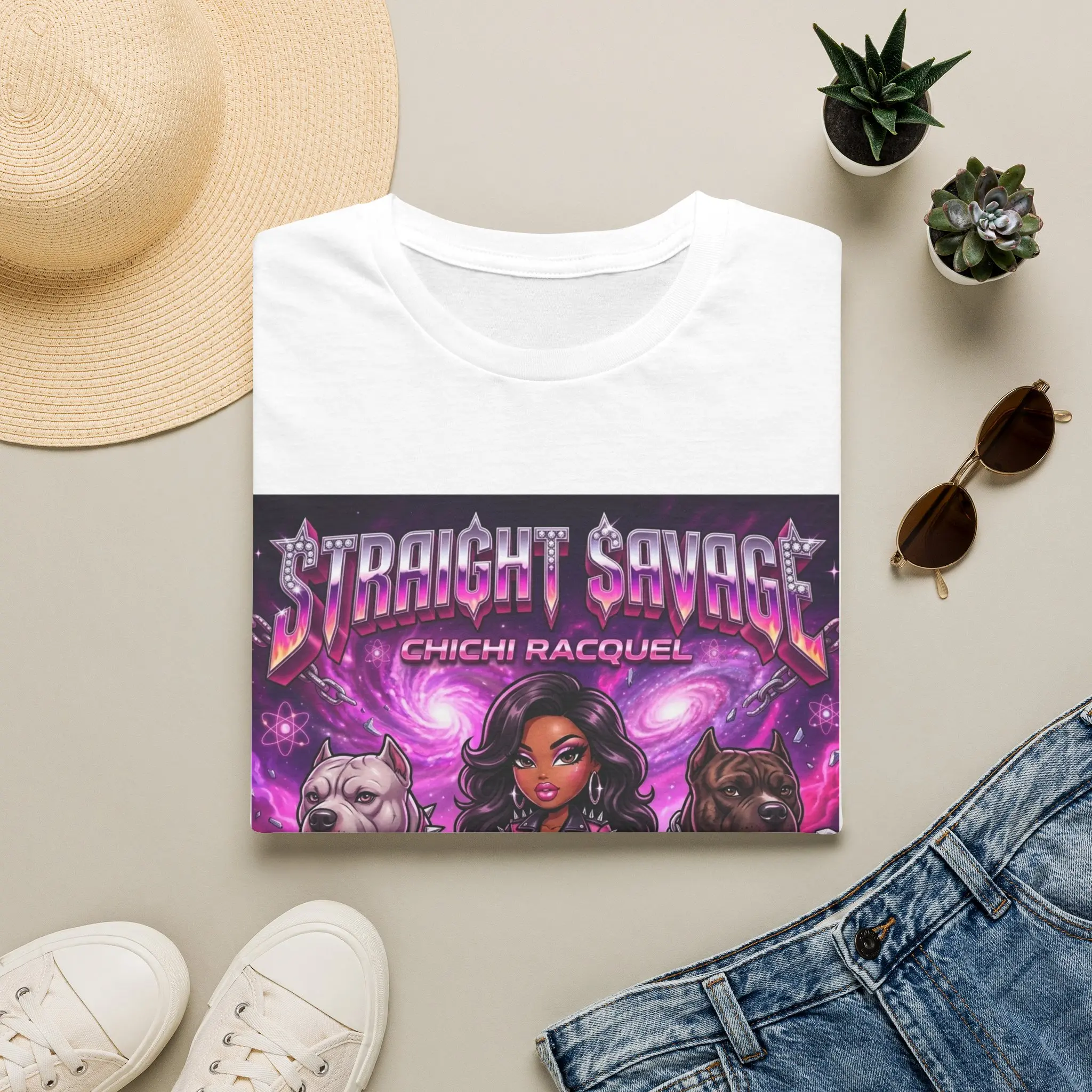 Straight Savage Chichi Racquel T-Shirt | Fantasy Portrait, Pink Galaxy Design