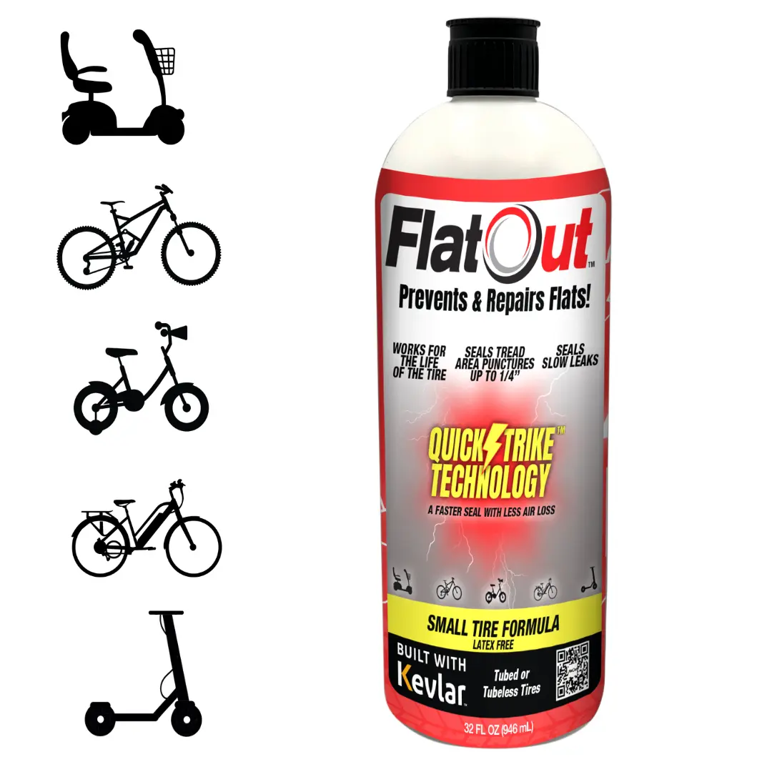 FlatOut QuickStrike Small Tire 32OZ Formula with Kevlar for Bikes & Mobility Scooters Fast Sealing Durable Performance