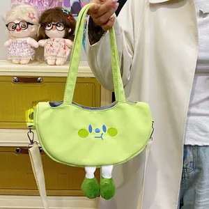 Funny Green Cartoon Crossbody Tote Bag, Cute Smiley Face Canvas Shoulder Purse with Detachable Strap, Kawaii Handbag with Legs for School, Work, Casual Daily Use, Women, Girls, Students