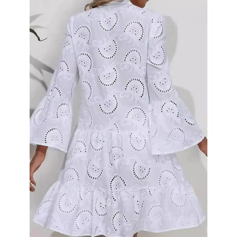Eyelet Embroidery Notched Neck Long Sleeve Smock Dress, Casual Elegant Flounce Sleeve Button Front Short Dress Eyelet Embroidery Notched Neck Long Sleeve Smock Dress, Casual Elegant Flounce Sleeve Button Front Short Dress