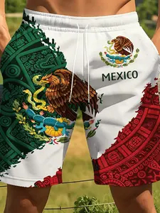 Men's Aztec Flag Print Beach Shorts, Beach Pool Wear, Knee-Length, Fitted, Drawstring Waist, Pocket Design, Breathable Polyester, Casual Summer Wear