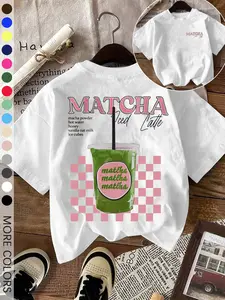 Women's Matcha Latte Round Neck Graphic Tee, Vintage Trendy Casual Fitted Short Sleeve T-shirt for Daily Wear, Ladies Summer, Top