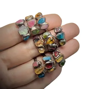 Natrual Irregular Mix Three Random Gemstone Ring Vintage Bronze Adjustable Ring Unshaped Original Raw Stone Ring Gift For Women Man Girl Boy Party Accessory Jewelry Gift For Bithday Anniversary Christmas Hallowmas Fashion Ring