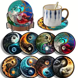 8-Piece Diamond Art Coaster Set with Stand, DIY Tai Chi Pattern, Suitable for Adults and Beginners, Perfect Gift for Friends, Diamond Painting Coasters