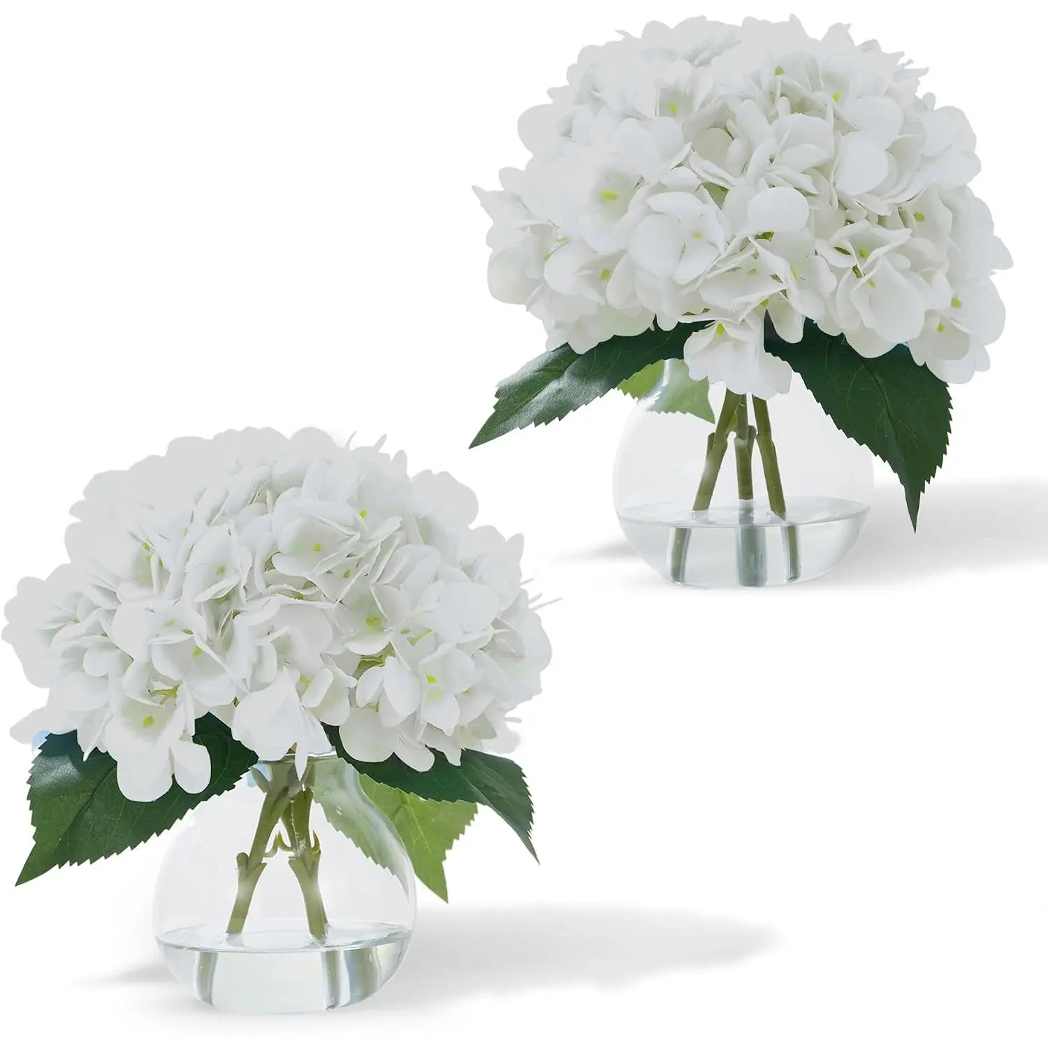 GARVEE 2PCS Artificial Hydrangea Flowers in Glass Vase with Faux Water, Fake Hydrangeas, Faux Flower Arrangements for Home Office,  Bathroom, White