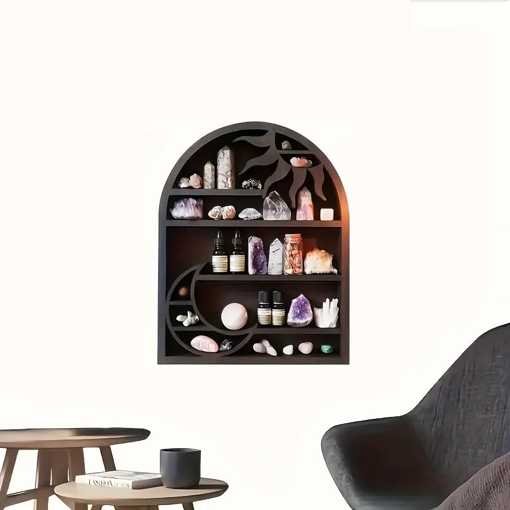 Boho Style Wall Mounted Storage Rack, Moon & Sun Design Wall Hanging Storage Rack, Home Organizer for Crystal & Perfume & Candle, Decor, Living Room, Wall Mounted Shelf, Wall Shelf Unit