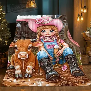 Farmhouse Cow & Pink Truck in Mud Soft Flannel 280gsm All-Season Comfort Blanket Charming Cowboy Girl Design for Bed Sofa Travel Camping Rustic Home Decor Durable Digitally Printed Bedding Accessory