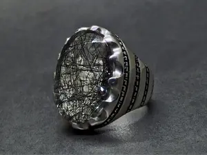 Natural Big Muh e Najaf Sterling Silver 925 Handmade Rutilated Quartz Mens Heavy Religious Ring