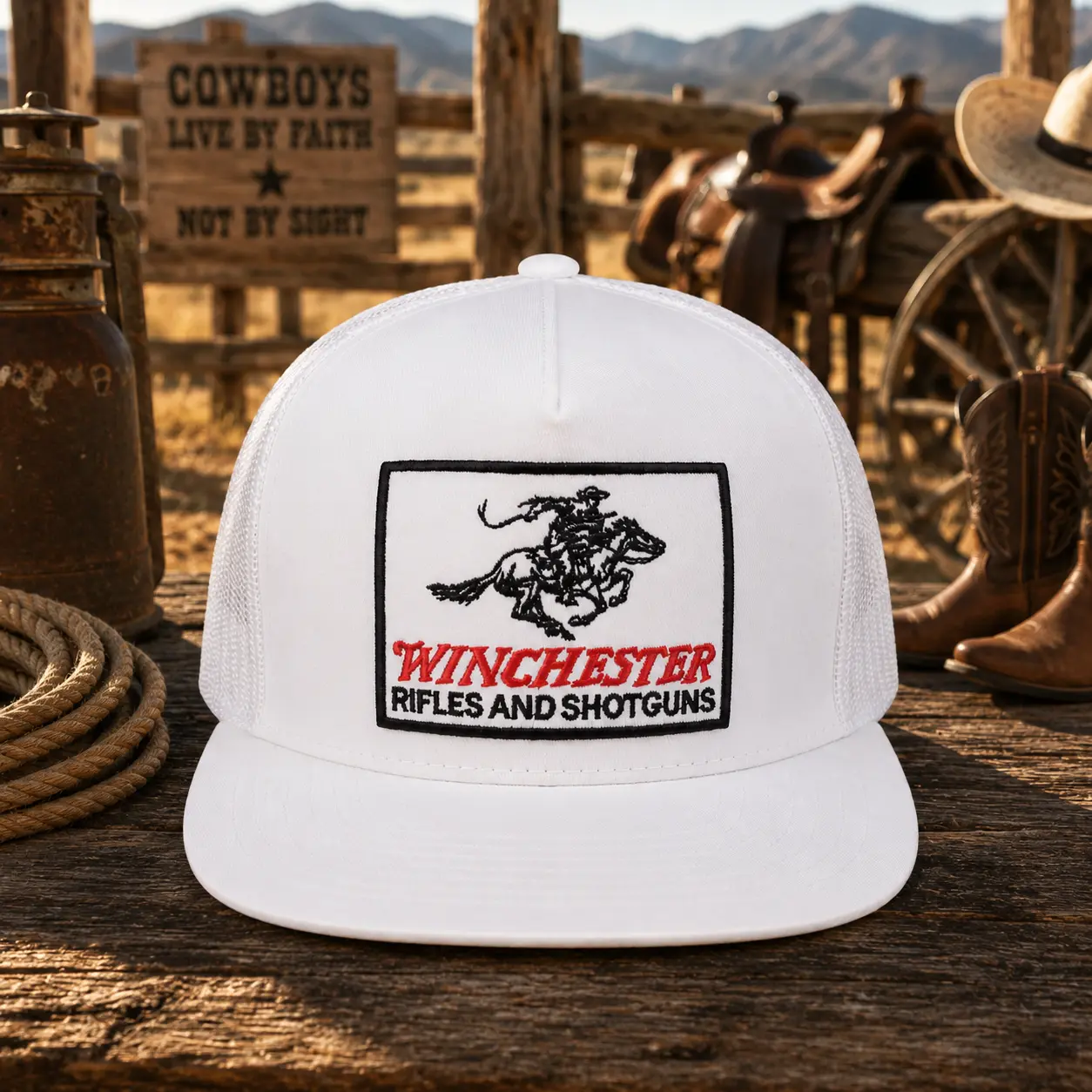 Rifles and Sh0tguns Embroidered Patch Cap, Vintage Trucker Hat, Western Cowboy Mesh Snapback Cap, Horse Rider Patch Hat, Retro Ranch Outdoor Country Hat for Men