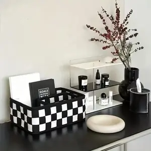 1 piece black and white felt storage basket, Home Organizer, ins vintage minimalist chessboard storage box cosmetics and miscellaneous basket