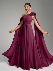 Elegant Off-Shoulder Floral Embellished Long Chiffon Evening Dress, Fitted Flowy Maxi Party Gown with Waist Pleats, Formal Occasion Wear Womenswear Elegance