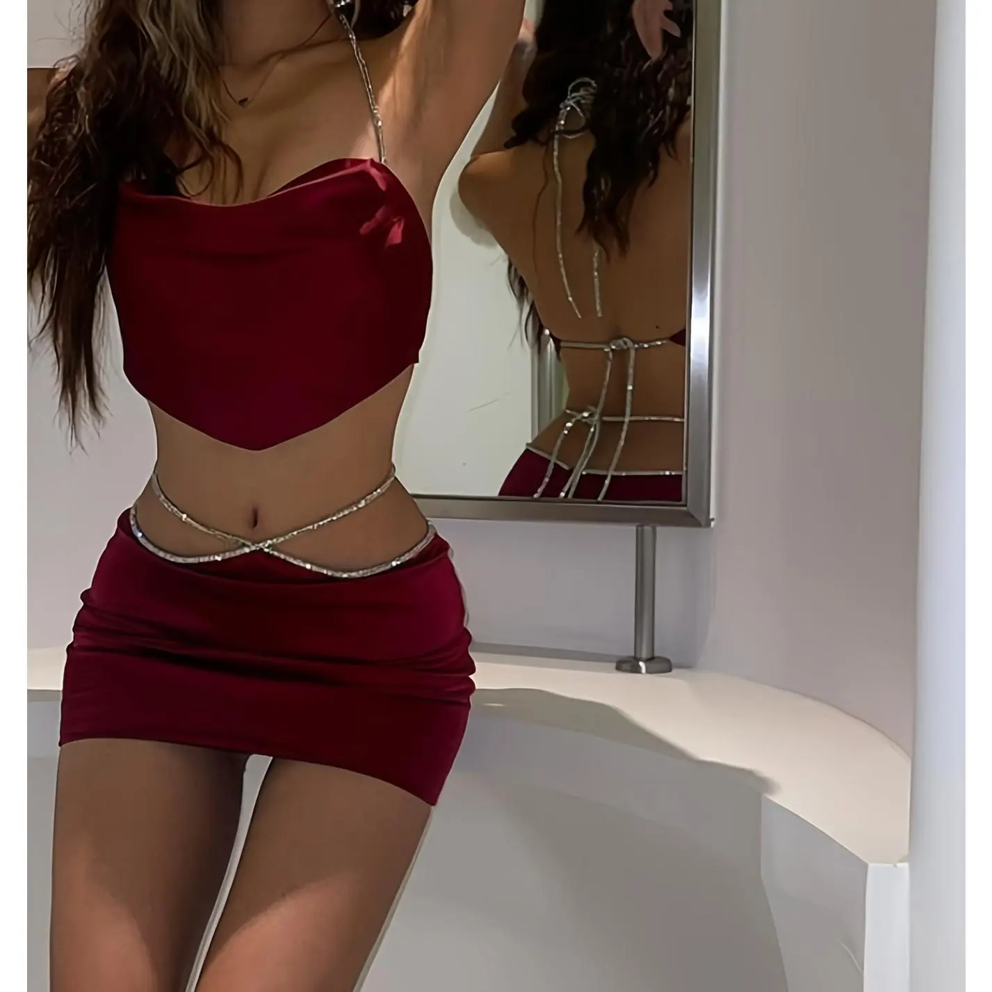 Women Skirt Set, Tie-up Halterneck Backless Vest with High Waist Bodycon Skirt Summer Outfit Clothes Sexy